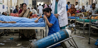 In the hospital bed, the patient's head is oxygen cylinder, immediately dies